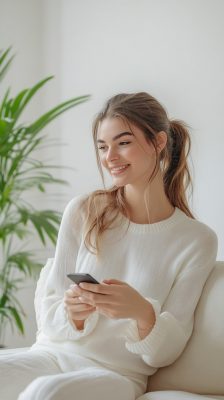 A european woman 25 years old in casually home dressed shopping online holding mobile phone. She is smiling relaxed sitting on the couch. Minimalist interior design. She has long hair tied back into an elegant ponytail. An advertisement photoshoot. Room has white walls and a plant. Sunny day. Studio lighting. Studio professional quality --ar 9:16 --v 6.1 Job ID: d5a27bea-6d2d-4649-b516-2f5f3594322c